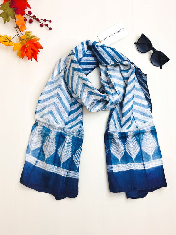 Mulberry Silk Stole - Midnight Blue & White - Resist Dyeing Technique - SKU_TWSC/STM38