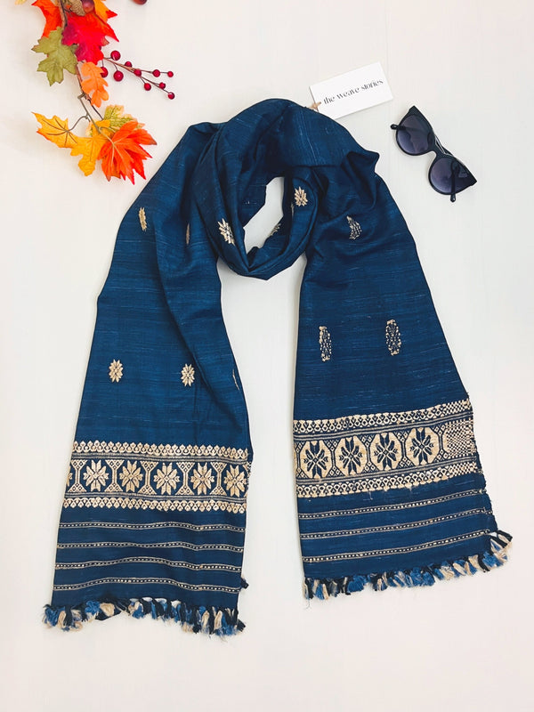 Premium Eri Silk Stole - Organic Navy Blue with Muga Motifs - SKU_TWSD/STEM23