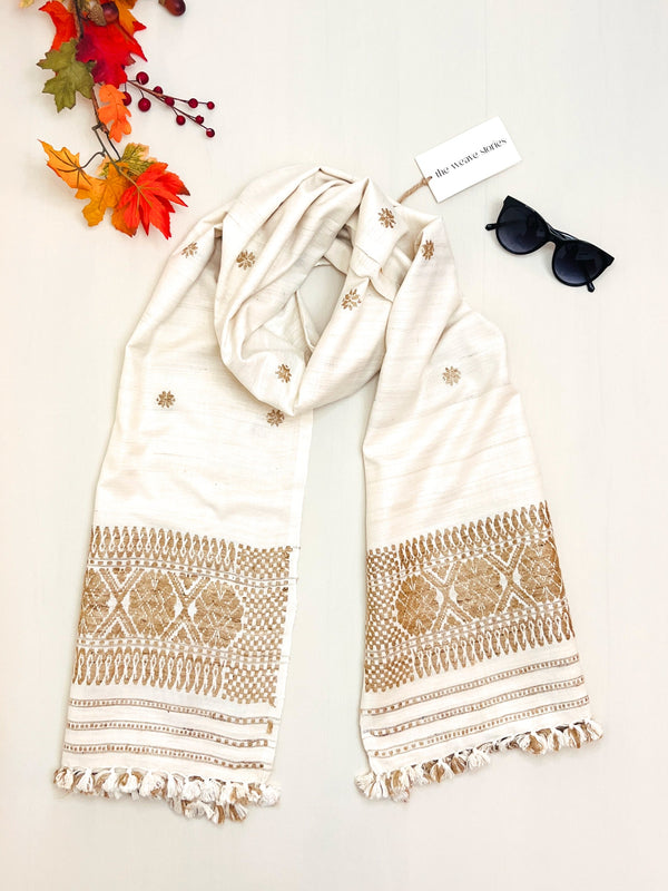 Premium Eri Silk Stole - Natural Ivory color with Muga Motifs - SKU_TWSD/STEM24