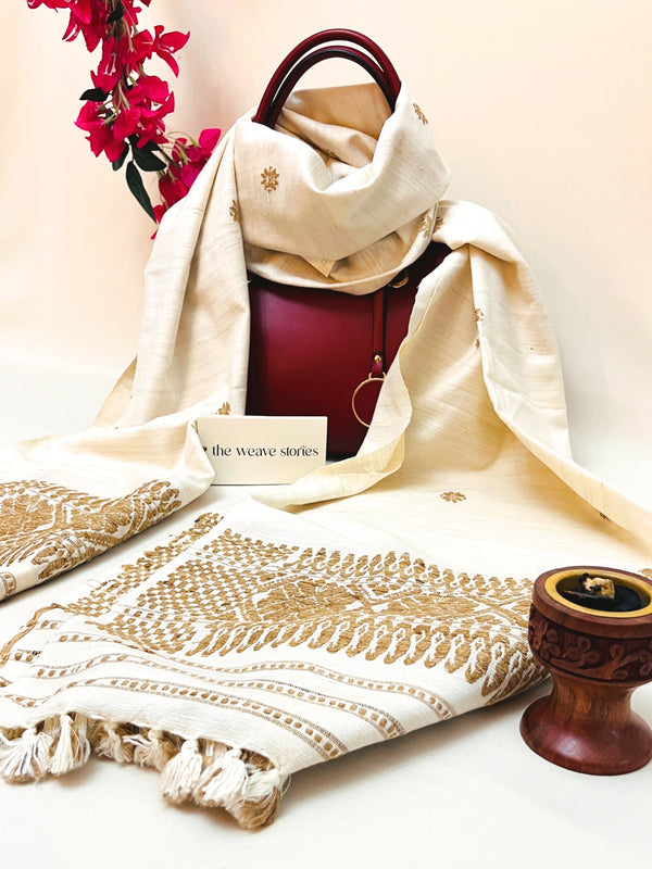 Premium Eri Silk Stole - Natural Ivory color with Muga Motifs - SKU_TWSD/STEM24