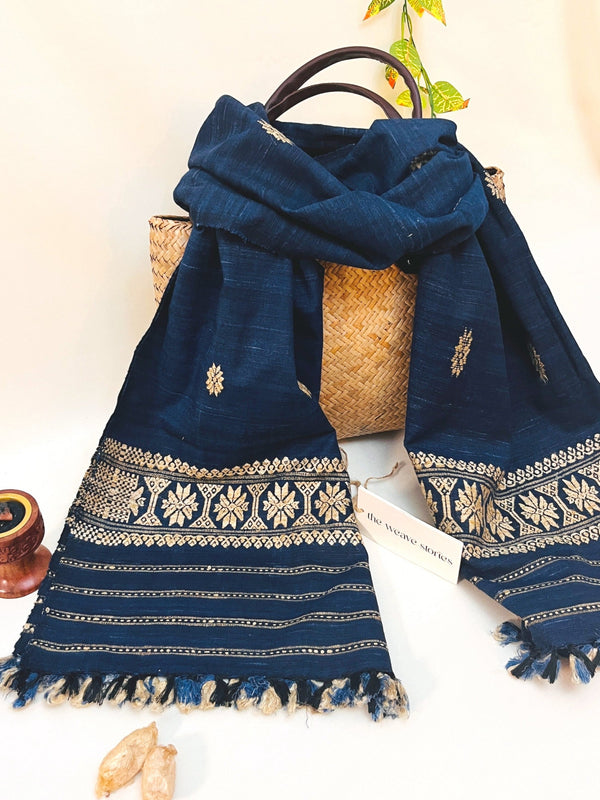 Premium Eri Silk Stole - Organic Navy Blue with Muga Motifs - SKU_TWSD/STEM23