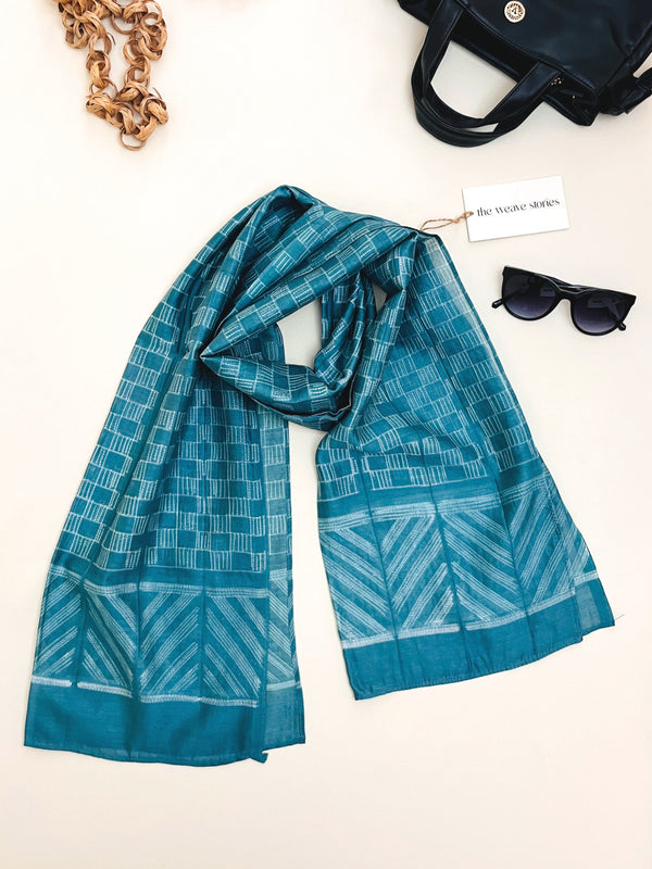 Mulberry Silk & Cotton Scarf - Teal Blue & White - Resist Dyeing Technique - SKU_TWSS/STM45
