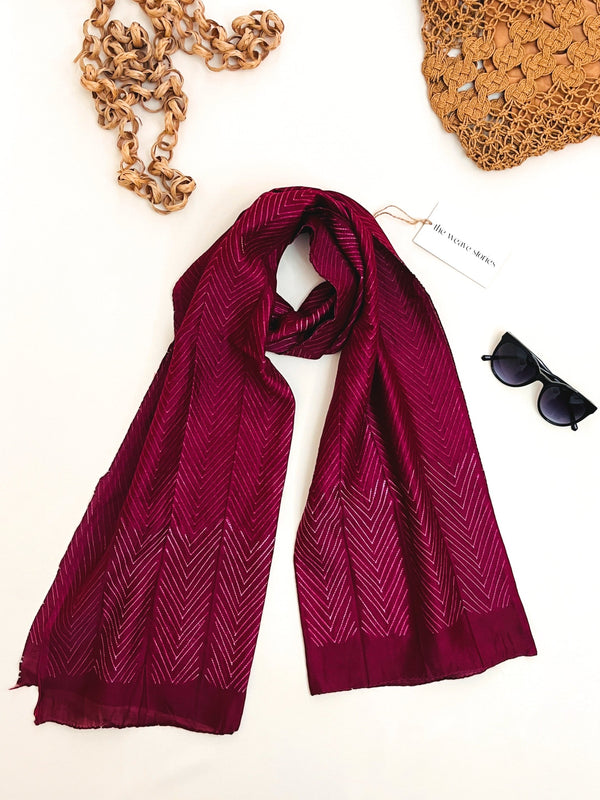 Mulberry Silk & Cotton Scarf - Bordeaux Color & White - Resist Dyeing Technique - SKU_TWSS/STM50