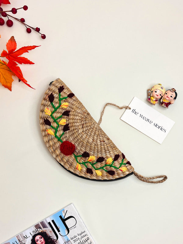 Earthy Weave Clutch Purse with Hand Embroidery - Water Hyacinth - SKU_TWSN/WHW81