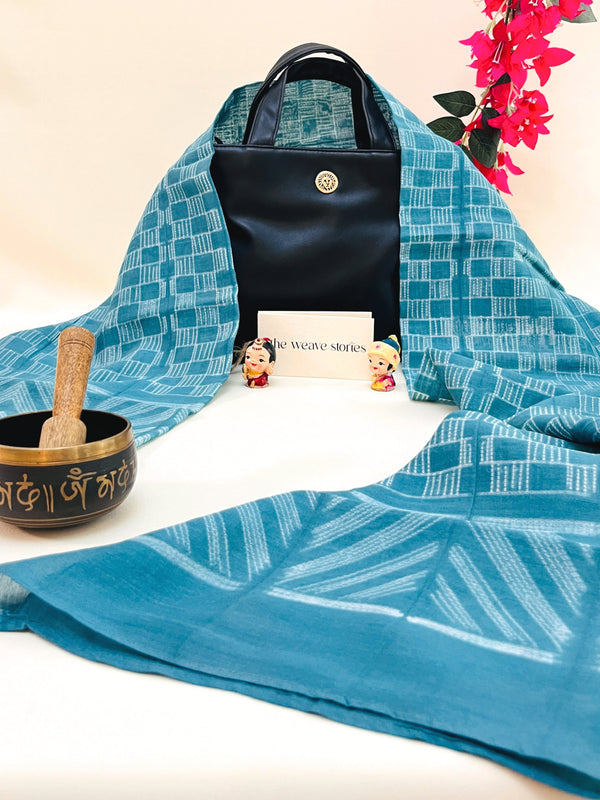 Mulberry Silk & Cotton Scarf - Teal Blue & White - Resist Dyeing Technique - SKU_TWSS/STM45